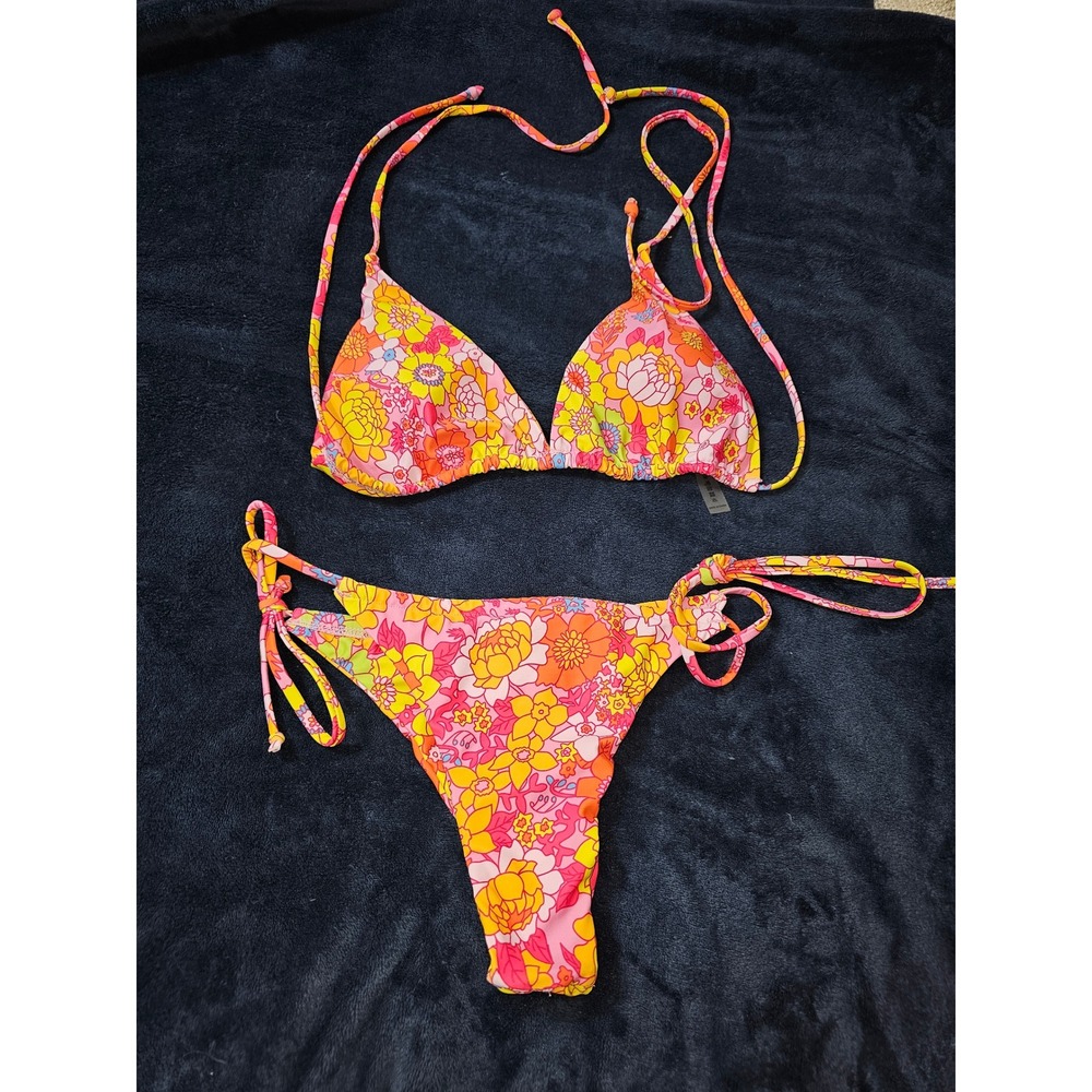 Retro Floral Triangle Bikini Set Pink Orange Yellow Psychedelic Swimsuit Large